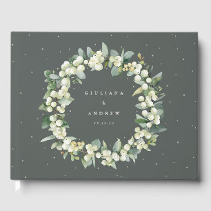 Elegant Green Snowberry+Eucalyptus Wreath Wedding Guest Book
