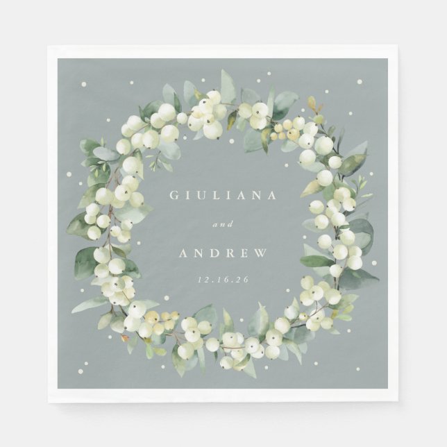 Elegant Green Snowberry+Eucalyptus Wreath Wedding Napkin (Front)