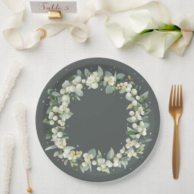 Elegant Green Snowberry+Eucalyptus Wreath Wedding Paper Plate (Wedding)