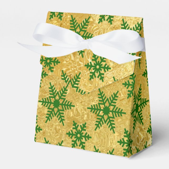 Elegant Green Snowflake on Abstract Gold Christmas Favor Box (Front Side)
