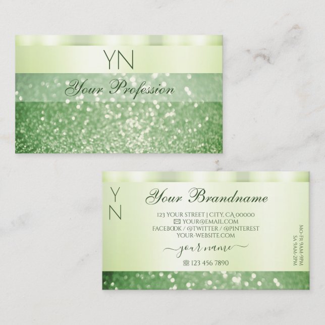 Elegant Green Sparkling Glitter Monogram Shimmery Business Card (Front/Back)