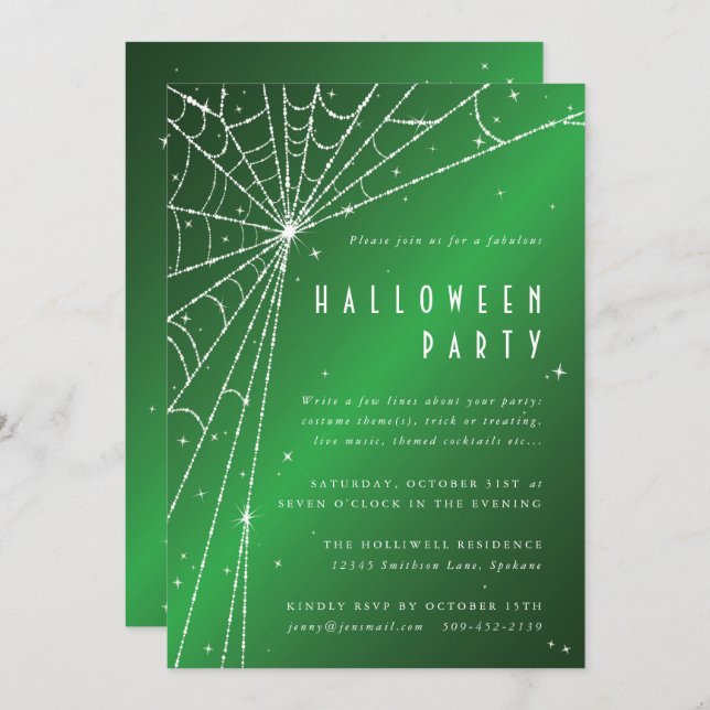 Elegant Green Sparkling Spider Web Halloween Party Invitation (Front/Back)