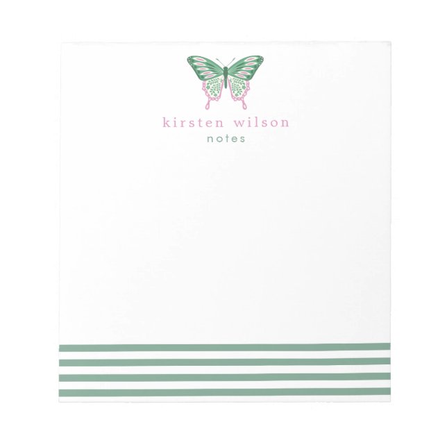 Elegant Green Stripes & Butterfly - Personalized Notepad (Front)