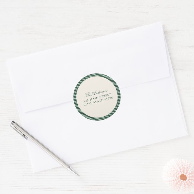 Elegant Green Stripes Return Address Classic Round Sticker (Envelope)
