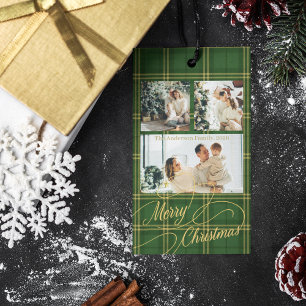 Elegant Green Tartan Family Photo Christmas Card Gift Tags