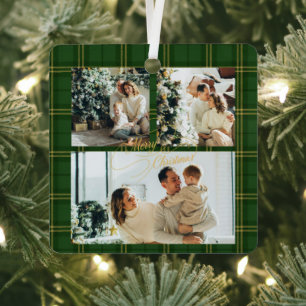 Elegant Green Tartan Family Photo Christmas Card Metal Ornament