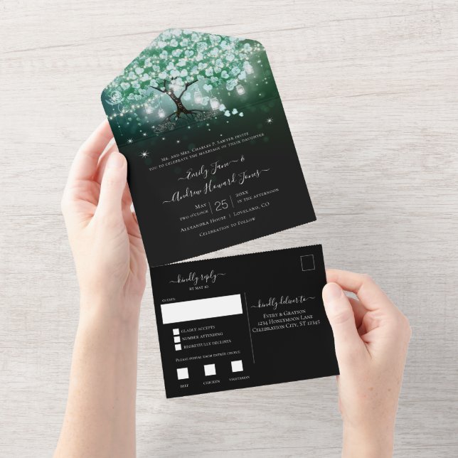 Elegant Green Tint of Blue Heart Leaf Tree Wedding All In One Invitation (Tearaway)