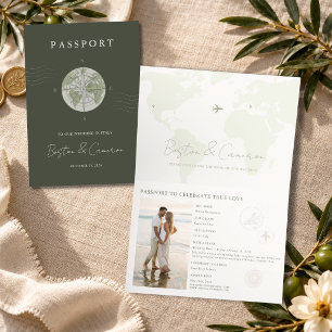 Elegant Green Travel Passport Destination Wedding Invitation