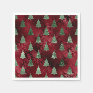 Elegant Green Trees Red Faux Foil Christmas Napkin