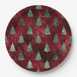 Elegant Green Trees Red Faux Foil Christmas  Paper Plate