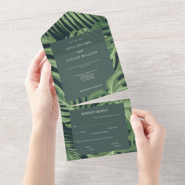 Elegant green tropical beach wedding  all in one invitation (Tearaway)