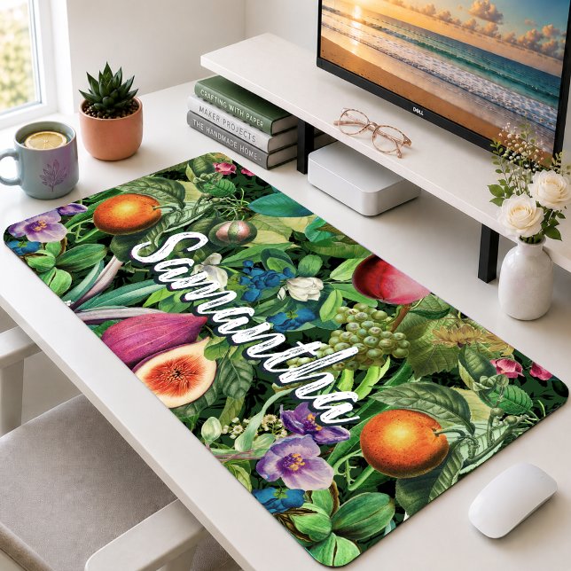 Elegant Green Tropical Fruits Monogram Pattern Desk Mat (Creator Uploaded)