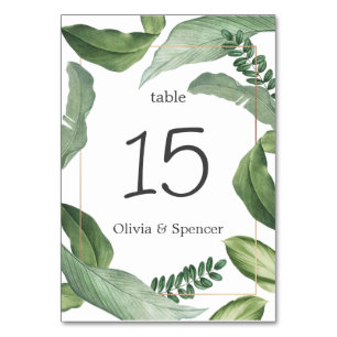 Elegant Green Tropical Greenery. Nature Wedding Table Number