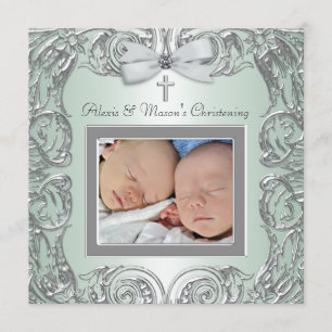 Elegant Green Twins Photo Christening Invitations