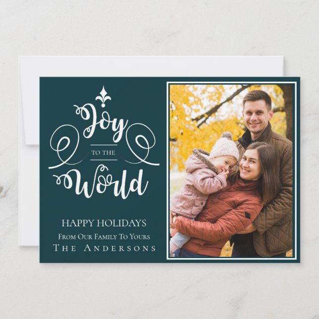 Elegant Green Typography Photo Joy To The World Holiday Card (Front)
