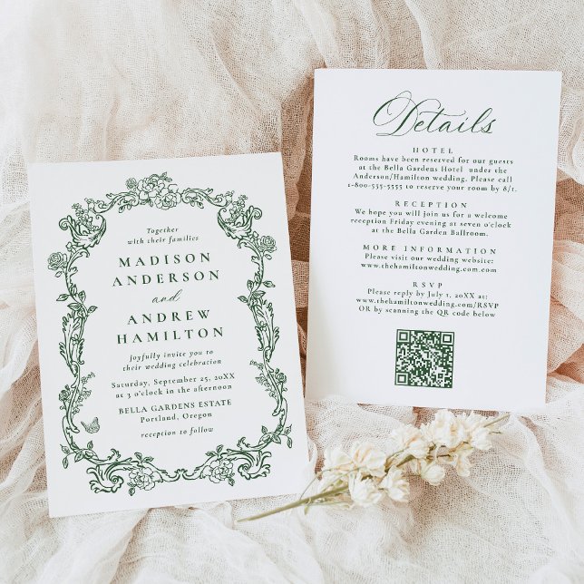 Elegant Green Victorian Floral All in One Wedding Invitation (Creator Uploaded)
