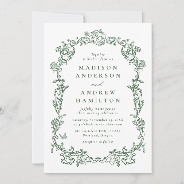 Elegant Green Victorian Floral Frame Wedding Invitation (Front)