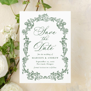 Elegant Green Victorian Floral Frame Wedding Save The Date