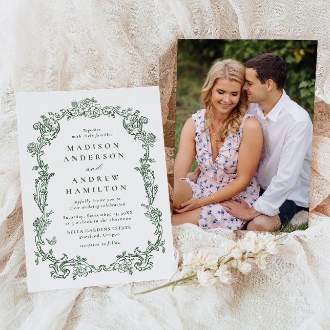 Elegant Green Victorian Floral Photo Wedding Invitation (Creator Uploaded)