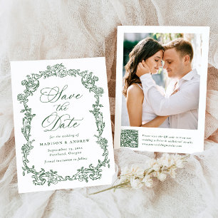 Elegant Green Victorian Floral QR Code Wedding Save The Date