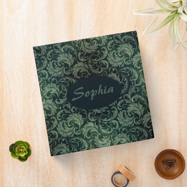 Elegant green vintage damask floral pattern binder (In Situ)