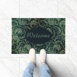 Elegant green vintage damask floral pattern doormat