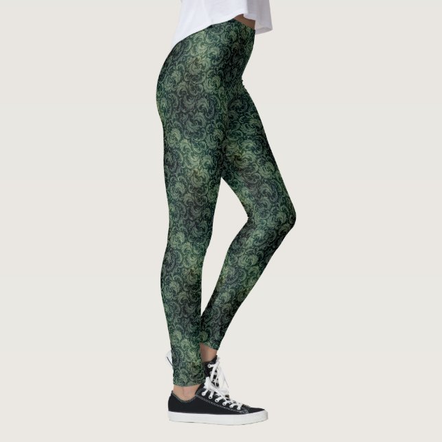Elegant green vintage damask floral pattern leggings (Right)