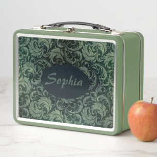 Elegant green vintage damask floral pattern metal lunch box