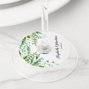 Elegant Green Watercolor Botanical Wedding Wine Glass Tag