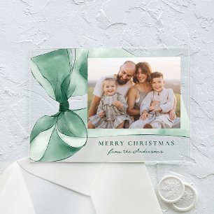 Elegant Green Watercolor Bow Photo Holiday Card Acrylic Invitations