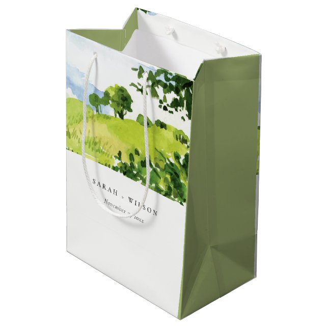 Elegant Green Watercolor Countryside Hills Wedding Medium Gift Bag (Back Angled)