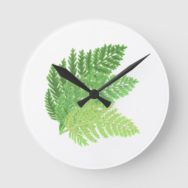 Elegant green watercolor ferns woodland leaves round clock (Front)