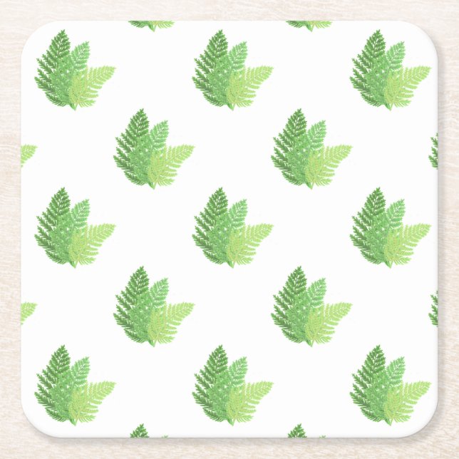 Elegant green watercolor ferns woodland leaves square paper coaster (Front)