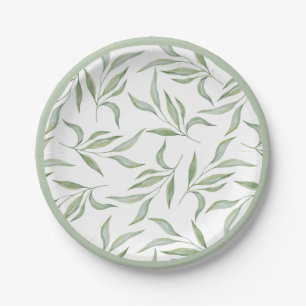 Elegant Green Watercolor Leaves Botanical Pattern Paper Plate