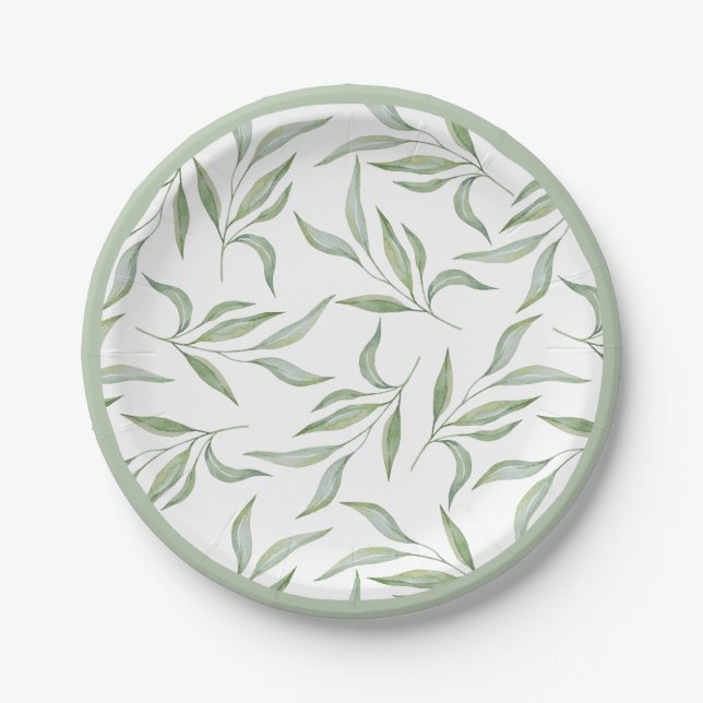 Elegant Green Watercolor Leaves Botanical Pattern Paper Plate (Front)