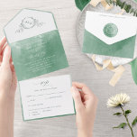 Elegant Green Watercolor Monogram Wedding All In O All In One Invitation<br><div class="desc">Elegant All- in- One tri- fold wedding invitation with perforated RSVP postcard. Design with exquisite green hues watercolor wash details and delicate hand drawn botanical monogram with couples initials. Modern hand written calligraphy elements. Environmentally friendly, as there is no need for extra insert cards, RSVP cards or even envelopes, this...</div>