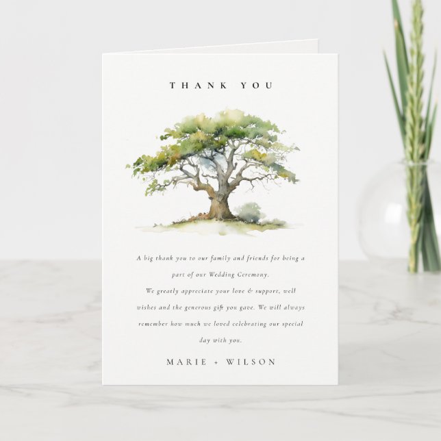 Elegant Green Watercolor Oak Tree Wedding Thank You Card (Front)
