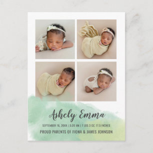 Elegant Green Watercolor Photo Birth Announcement Postcard