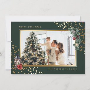 Elegant Green Watercolor Photo Christmas Cards