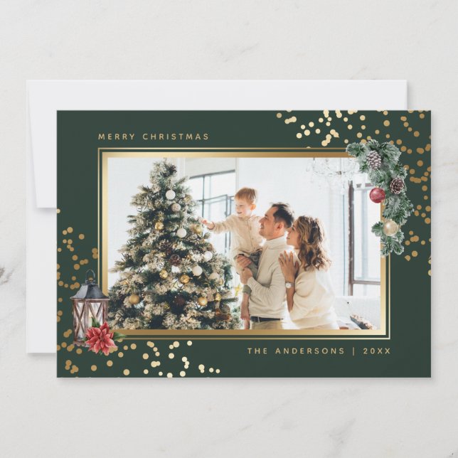 Elegant Green Watercolor Photo Christmas Cards (Front)