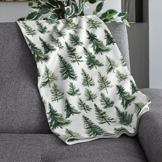 Elegant Green Watercolor Pine Tree Pattern Sherpa Blanket