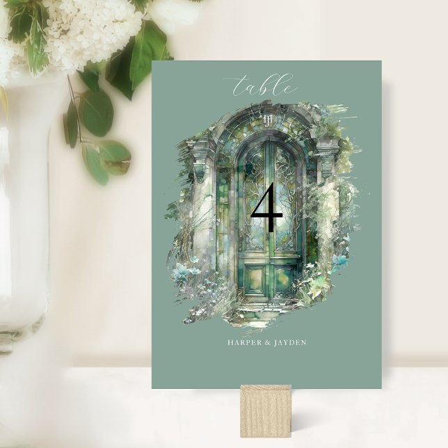 Elegant Green Watercolor Scenery Wedding Table Number (Creator Uploaded)