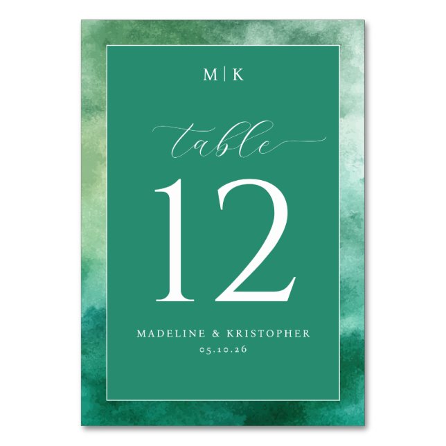 Elegant Green Watercolor Table Number (Front)