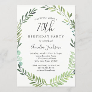 Elegant Green Watercolor Wreath 70th Birthday Invitation