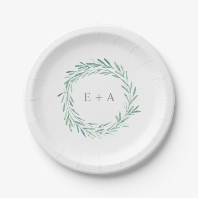 Elegant Green Watercolor Wreath Monogram Wedding Paper Plate (Front)