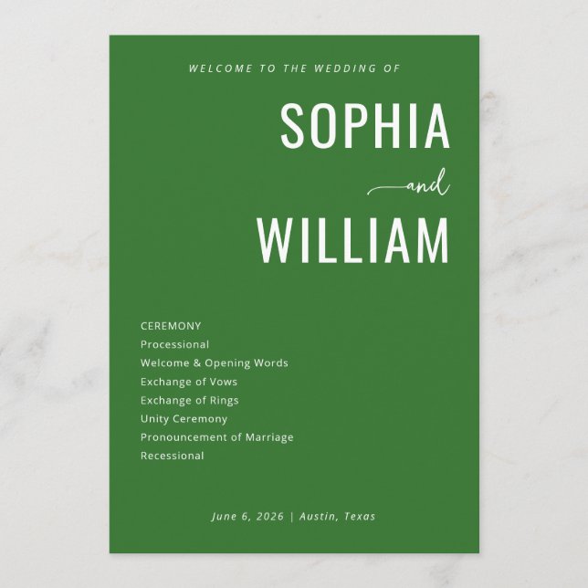 Elegant Green Wedding Ceremony Program (Front)