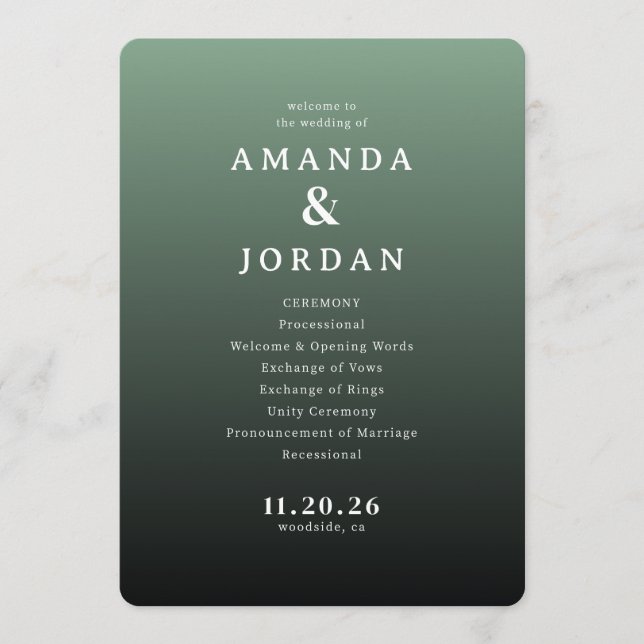 Elegant Green Wedding Ceremony Schedule Program (Front)