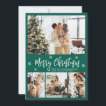 Elegant Green White 4 Photo Collage Christmas Holiday Card<br><div class="desc">Elegant, Modern Green and White 4 Photo Collage Merry Christmas Script Holiday Card. This festive, whimsical, minimalist, (4) four photo holiday card template features a pretty photo collage, some snowflake and says Merry Christmas! The „Merry Christmas” greeting text is written in a beautiful white colour hand lettered typography font type...</div>