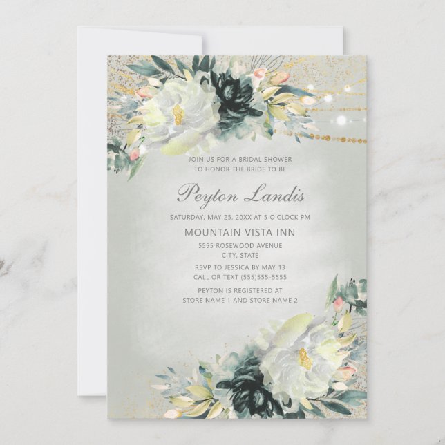 Elegant Green White Floral Gold Lights Bridal Invitation (Front)