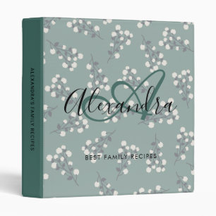 Elegant Green White Floral Name Monogram Recipe Binder